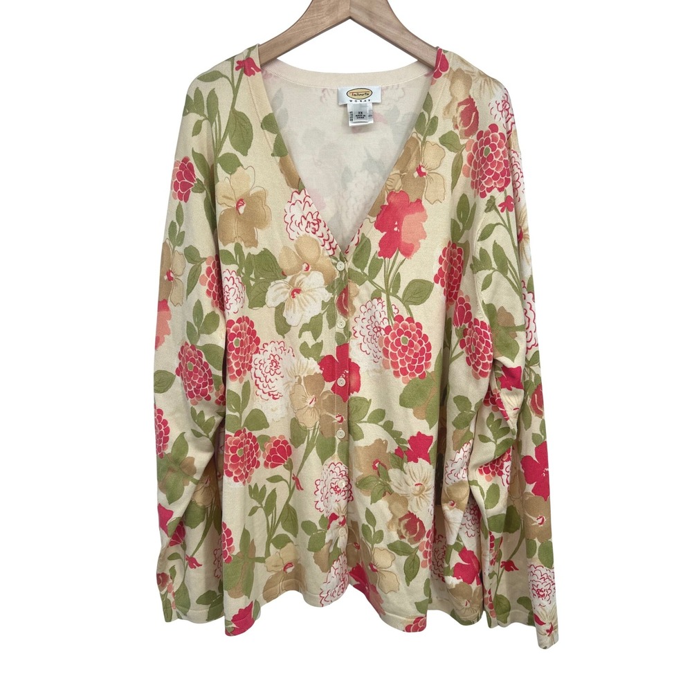 Talbots Cardigan Women 3X Beige Pink Floral Silk Blend Cottagecore Office Garden